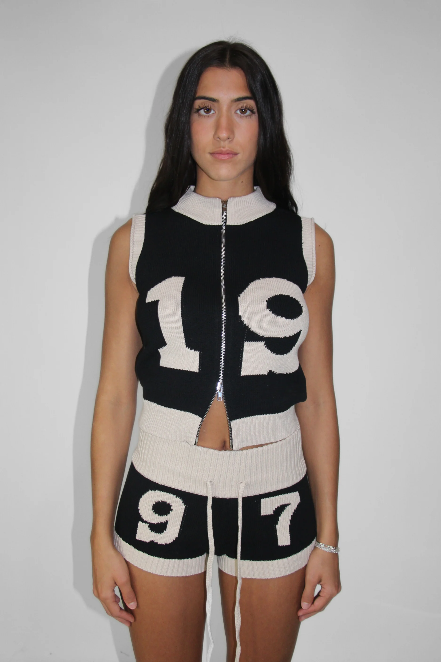Knit Mini Shorts in Black/ Cream - Image 3